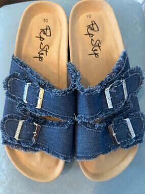 PepStep Womens Size 10 Denim Platform Sandals Frayed Double Buckle Slide NWOT